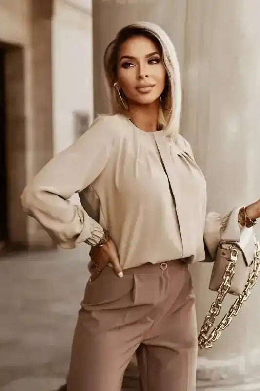 Pleated Neck Stretch Cuff Shirt - Fashionfitz