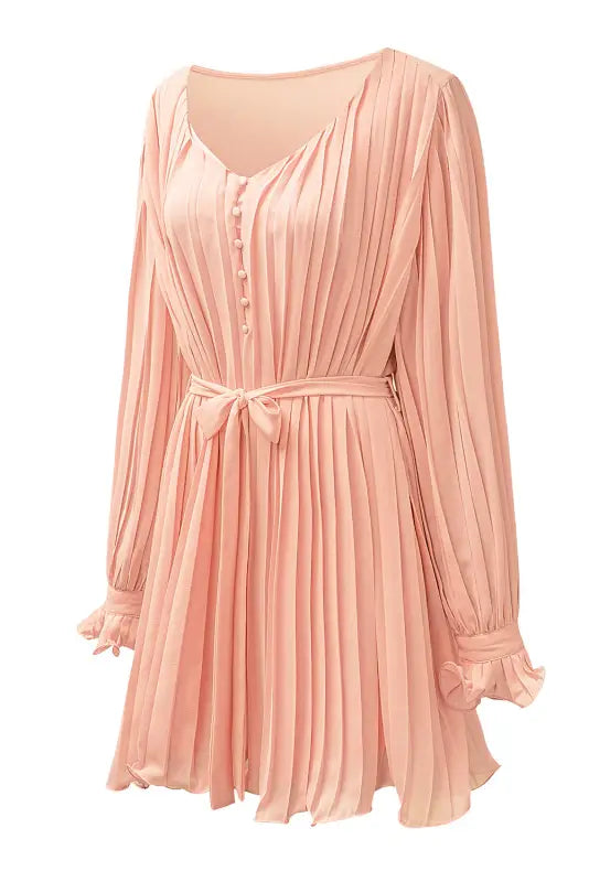 Pink pleated ruffled tie waist buttons v neck romper - jumpsuits & rompers