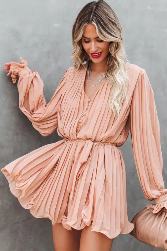 Pink pleated ruffled tie waist buttons v neck romper - jumpsuits & rompers