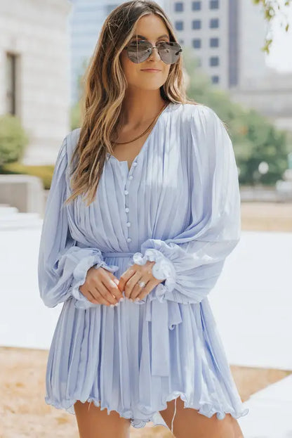 Pink pleated ruffled tie waist buttons v neck romper - sky blue / s / 100% polyester - jumpsuits & rompers