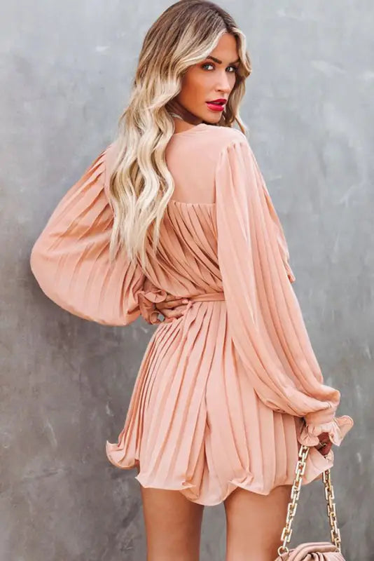 Pink pleated ruffled tie waist buttons v neck romper - jumpsuits & rompers