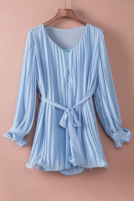 Pink pleated ruffled tie waist buttons v neck romper - jumpsuits & rompers