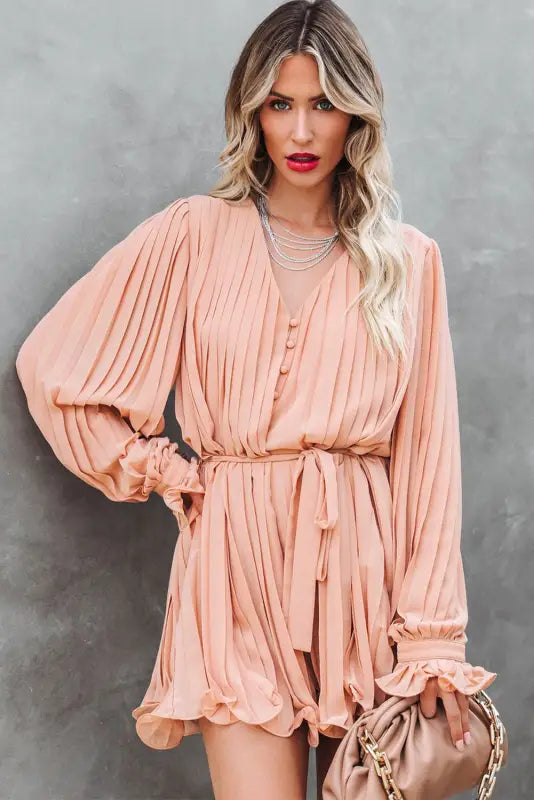 Pink pleated ruffled tie waist buttons v neck romper - jumpsuits & rompers