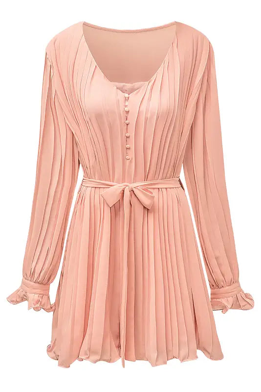 Pink pleated ruffled tie waist buttons v neck romper - jumpsuits & rompers