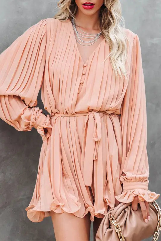 Pink pleated ruffled tie waist buttons v neck romper - s / 100% polyester - jumpsuits & rompers