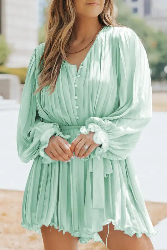 Pink pleated ruffled tie waist buttons v neck romper - green / s / 100% polyester - jumpsuits & rompers