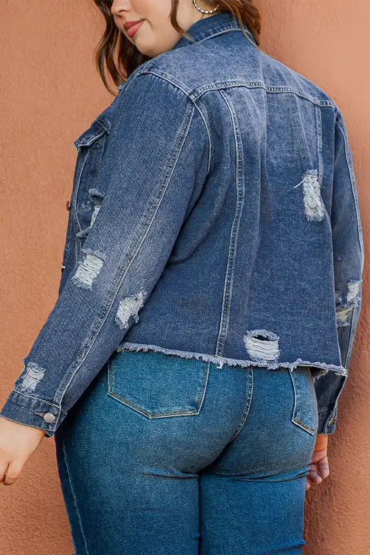 Plus size distressed denim jacket - jackets