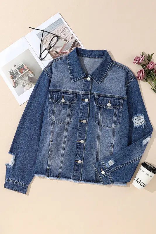 Plus size distressed denim jacket - dark blue / 1x / 85% cotton + 15% polyester - jackets