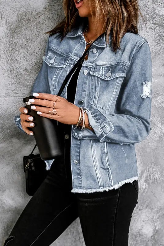 Plus size distressed denim jacket - jackets