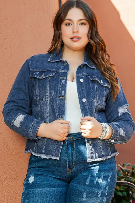 Plus size distressed denim jacket - jackets