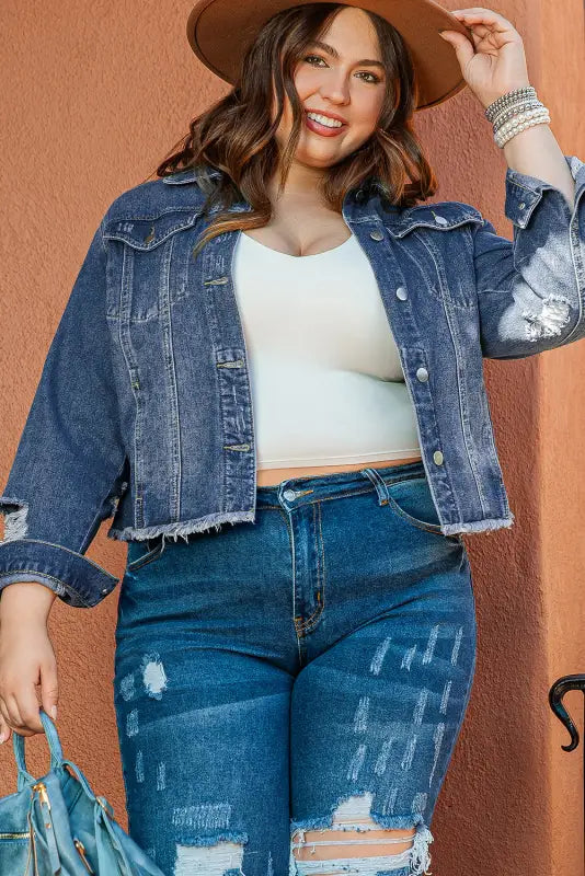 Plus size distressed denim jacket - jackets