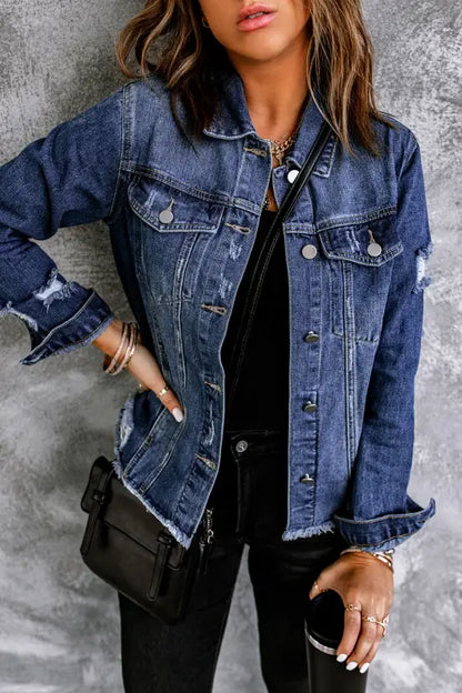 Plus size distressed denim jacket - blue / s / 85% cotton + 15% polyester - jackets