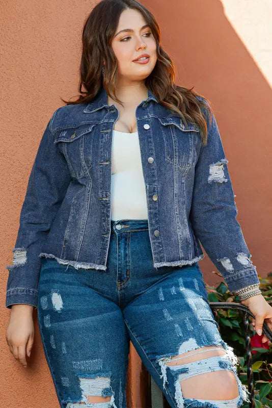 Plus size distressed denim jacket - jackets