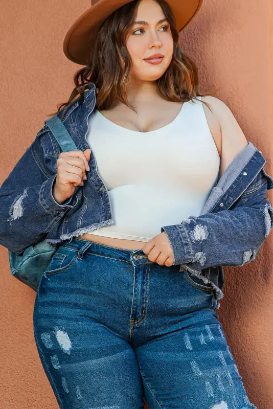 Plus size distressed denim jacket - jackets