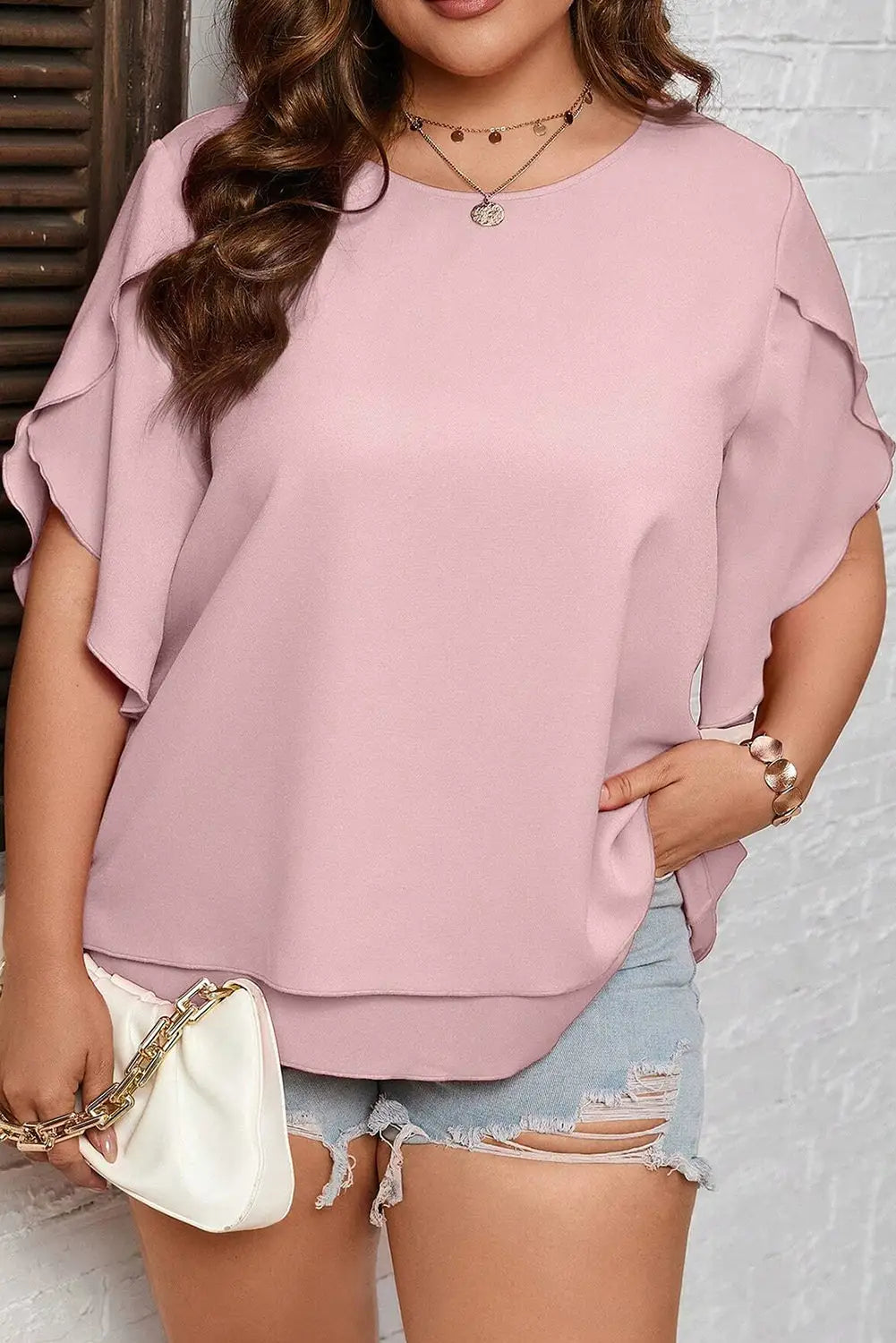 Plus size double layered blouse - light pink / 1x / 100% polyester - blouses & shirts