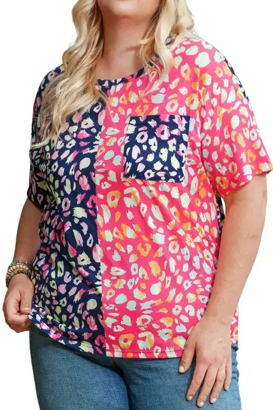 Plus Size Leopard Colorblock Short Sleeve Top - Fashionfitz