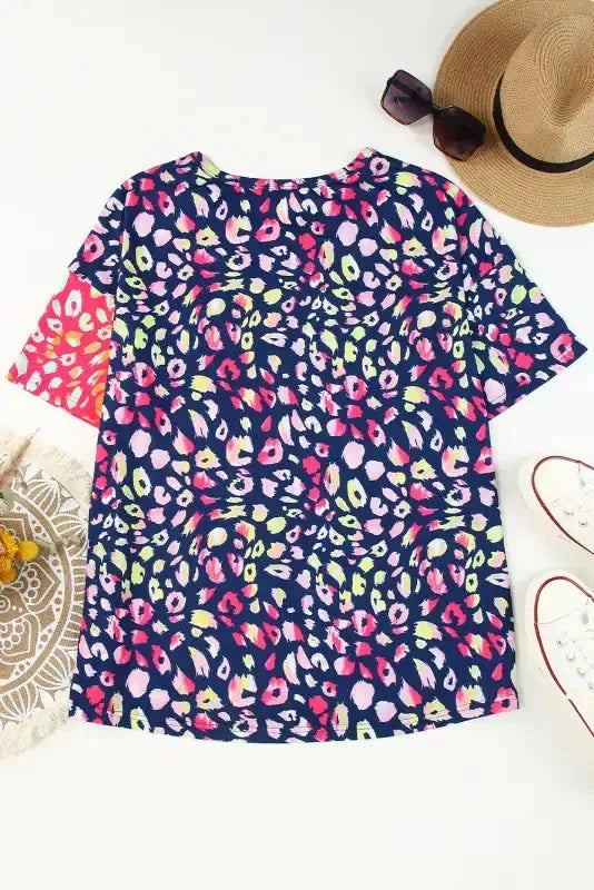Plus Size Leopard Colorblock Short Sleeve Top - Fashionfitz