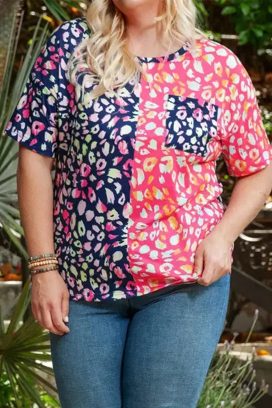 Plus Size Leopard Colorblock Short Sleeve Top - Fashionfitz