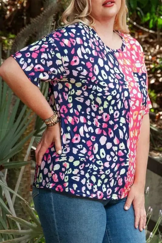 Plus Size Leopard Colorblock Short Sleeve Top - Fashionfitz