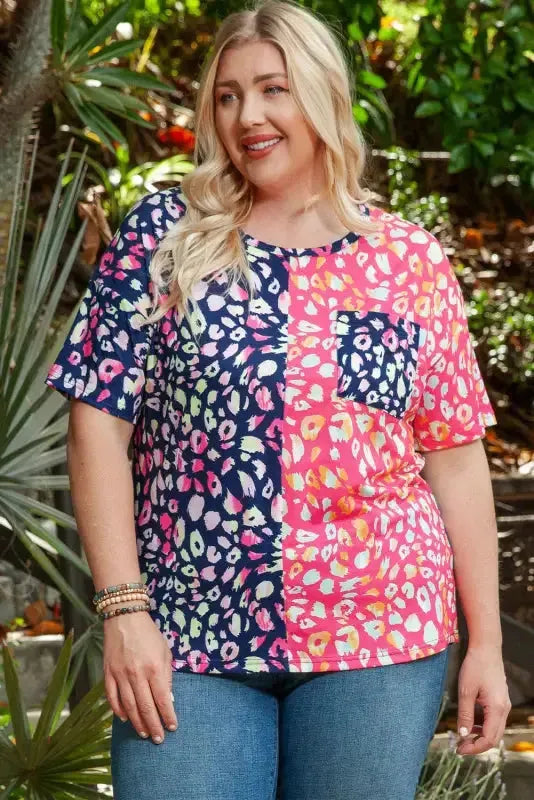 Plus Size Leopard Colorblock Short Sleeve Top - Fashionfitz