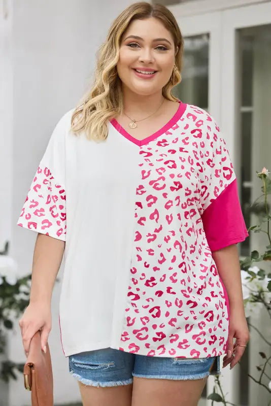 Plus size leopard patchwork short sleeve top - t-shirts