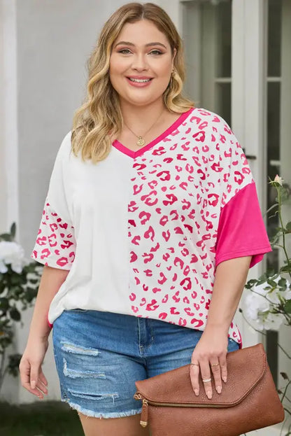 Plus size leopard patchwork short sleeve top - rose / 1x / 65% polyester + 30% viscose + 5% elastane - t-shirts