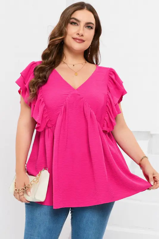 Plus size ruffle v neck tie back tunic top