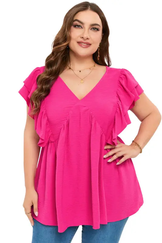 Plus size ruffle v neck tie back tunic top