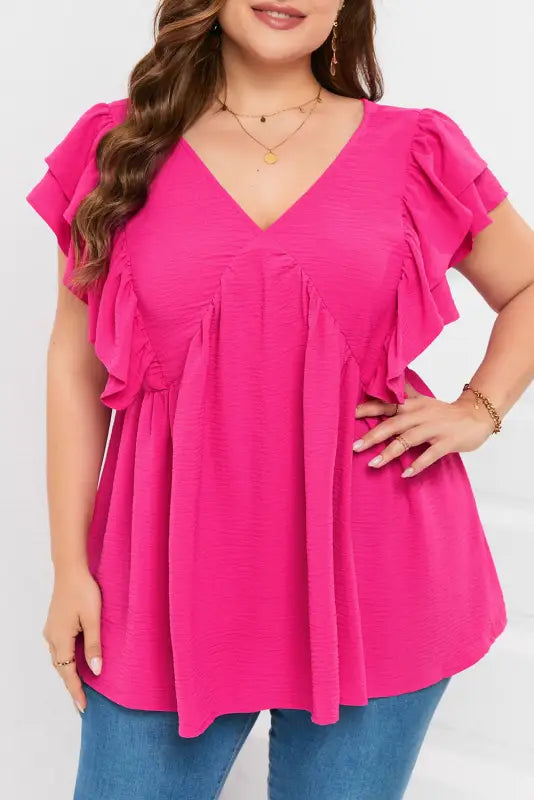 Plus size ruffle v neck tie back tunic top