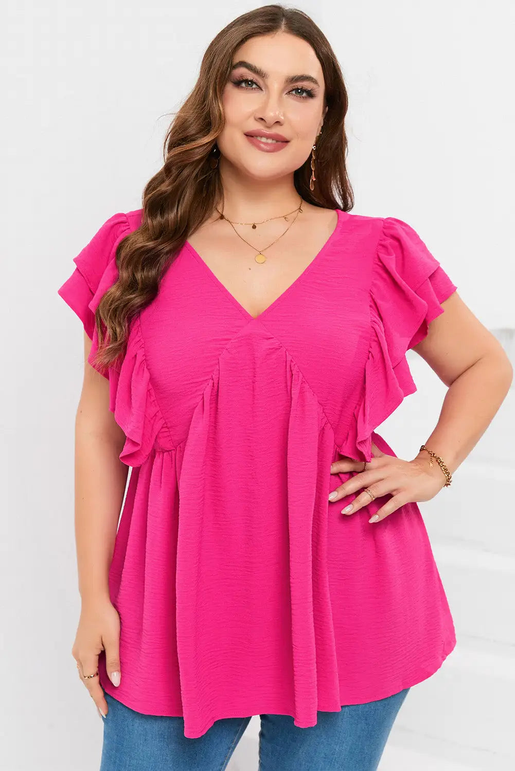 Plus size ruffle v neck tie back tunic top - pink / 1x / 100% polyester