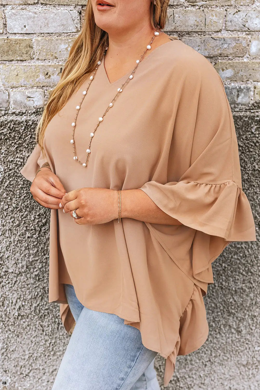 Plus size ruffled batwing sleeve v neck blouse - blouses