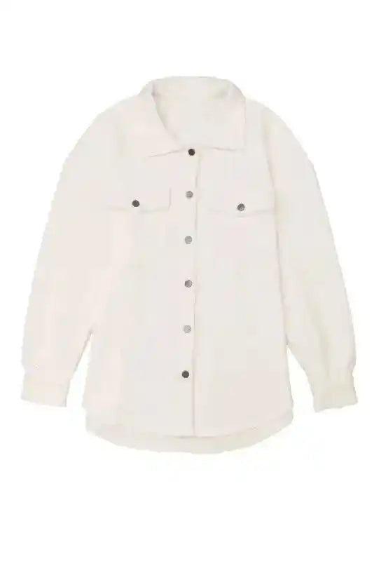 Flat lay of white textured plus size jacket with front snap buttons and chest pockets, ideal for casual winter wear.