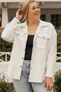 Textured plus size jacket in white with front snap buttons and chest pockets, styled casually with jeans for winter comfort and style.