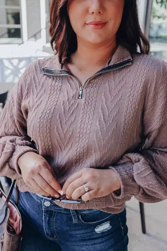 Plus Size Textured Knit Zip Neck Pullover - Fashionfitz