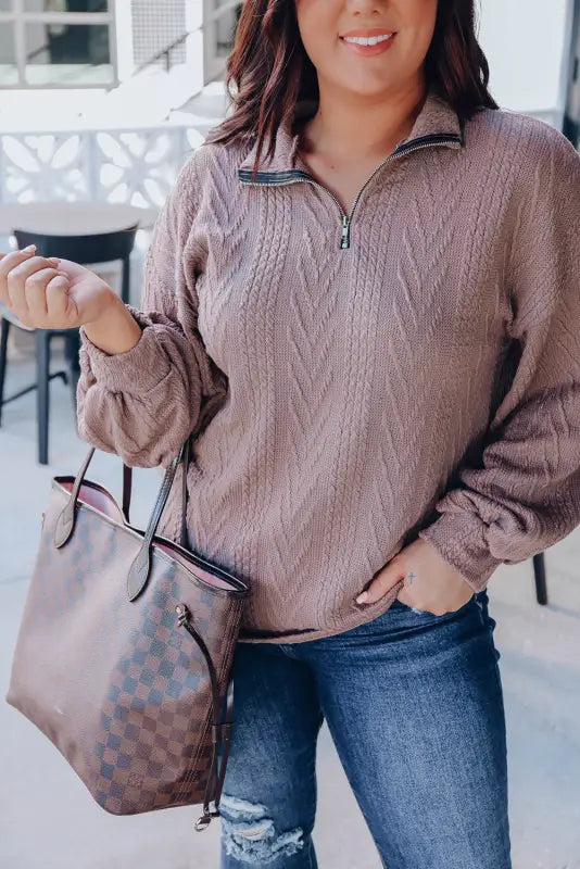 Plus size textured knit zip neck pullover