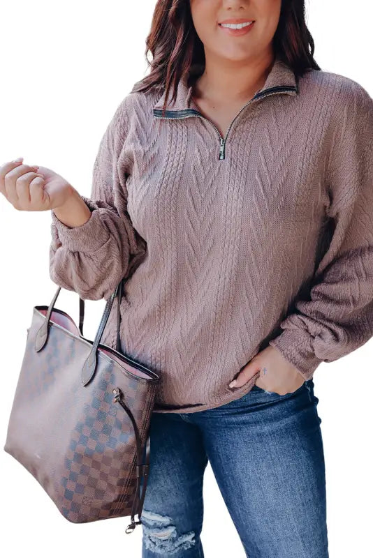 Plus size textured knit zip neck pullover