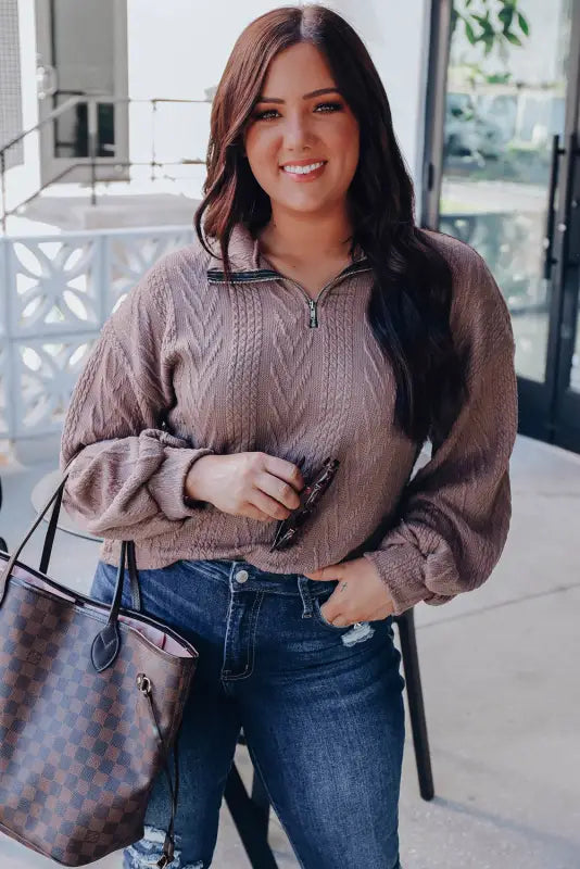 Plus size textured knit zip neck pullover