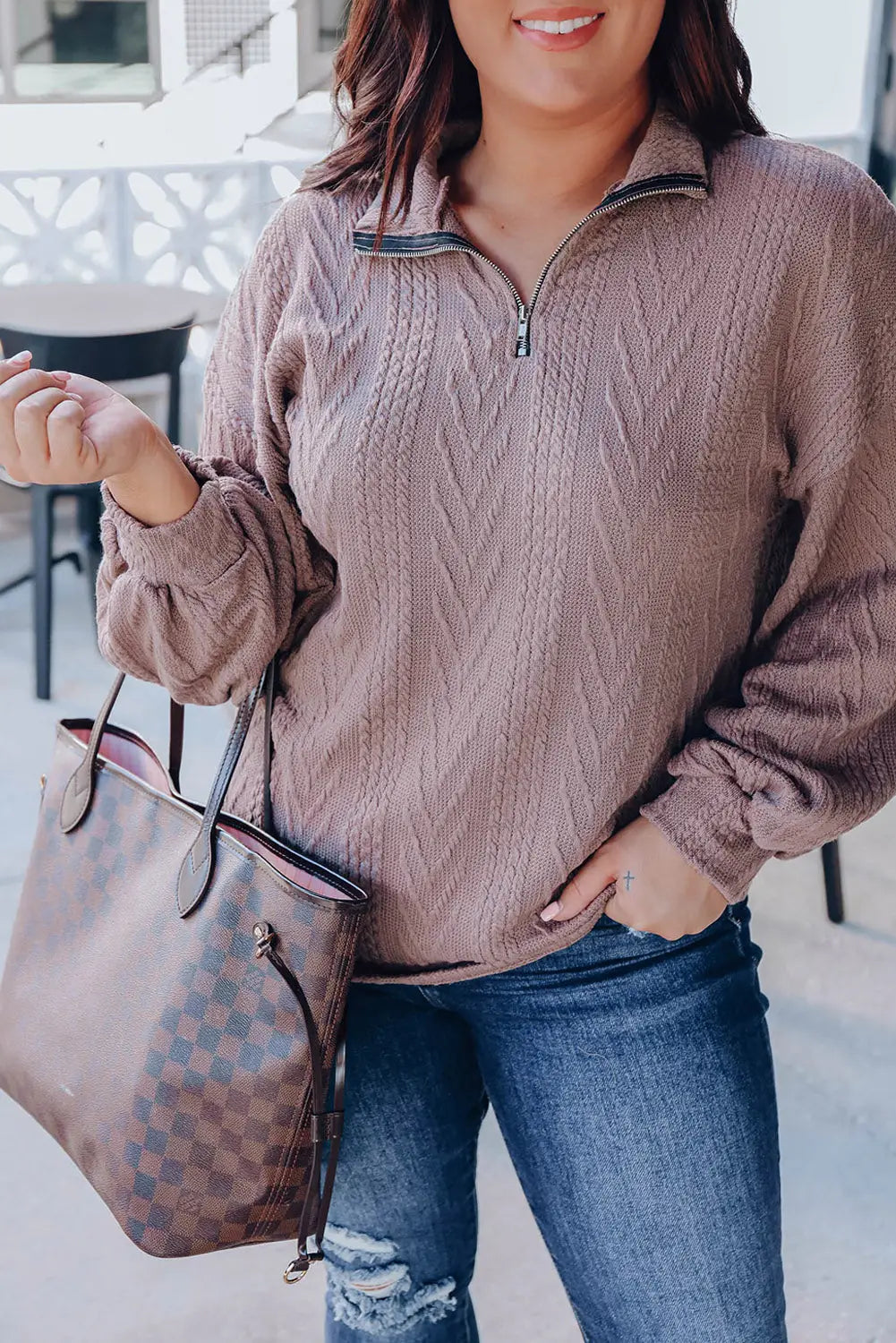 Plus size textured knit zip neck pullover - brown / 1x 95% polyester + 5% elastane
