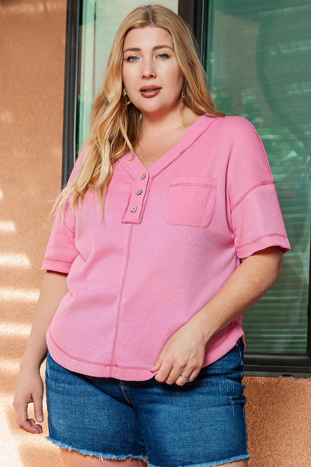 Plus size waffle knit henley t-shirt - size/plus tops/plus tops & tees