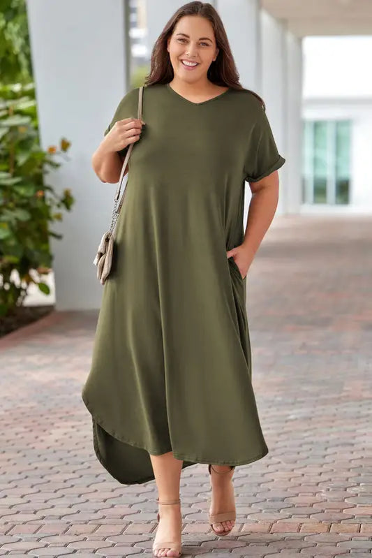 Plus v-neck maxi dress - green / 1x / 65% polyester + 30% viscose + 5% elastane - size dresses