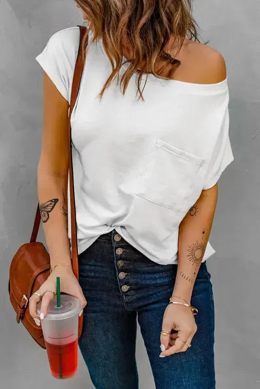 Close-up of Pocketed Side Slit T-Shirt showing chest pocket detail and slight stretch fabric — Fashionfitz