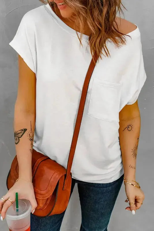 Side view of Pocketed Side Slit T-Shirt showing side slit at hem and short sleeve silhouette — Fashionfitz