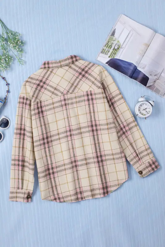 Pocketed button-up long sleeve plaid jacket - shackets