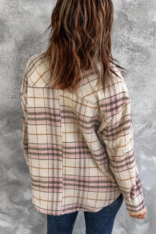 Pocketed button-up long sleeve plaid jacket - shackets