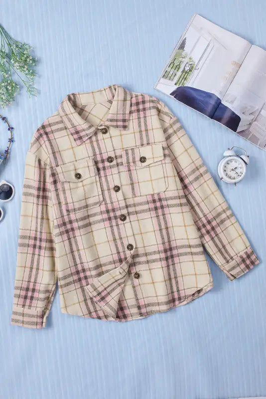 Pocketed button-up long sleeve plaid jacket - shackets