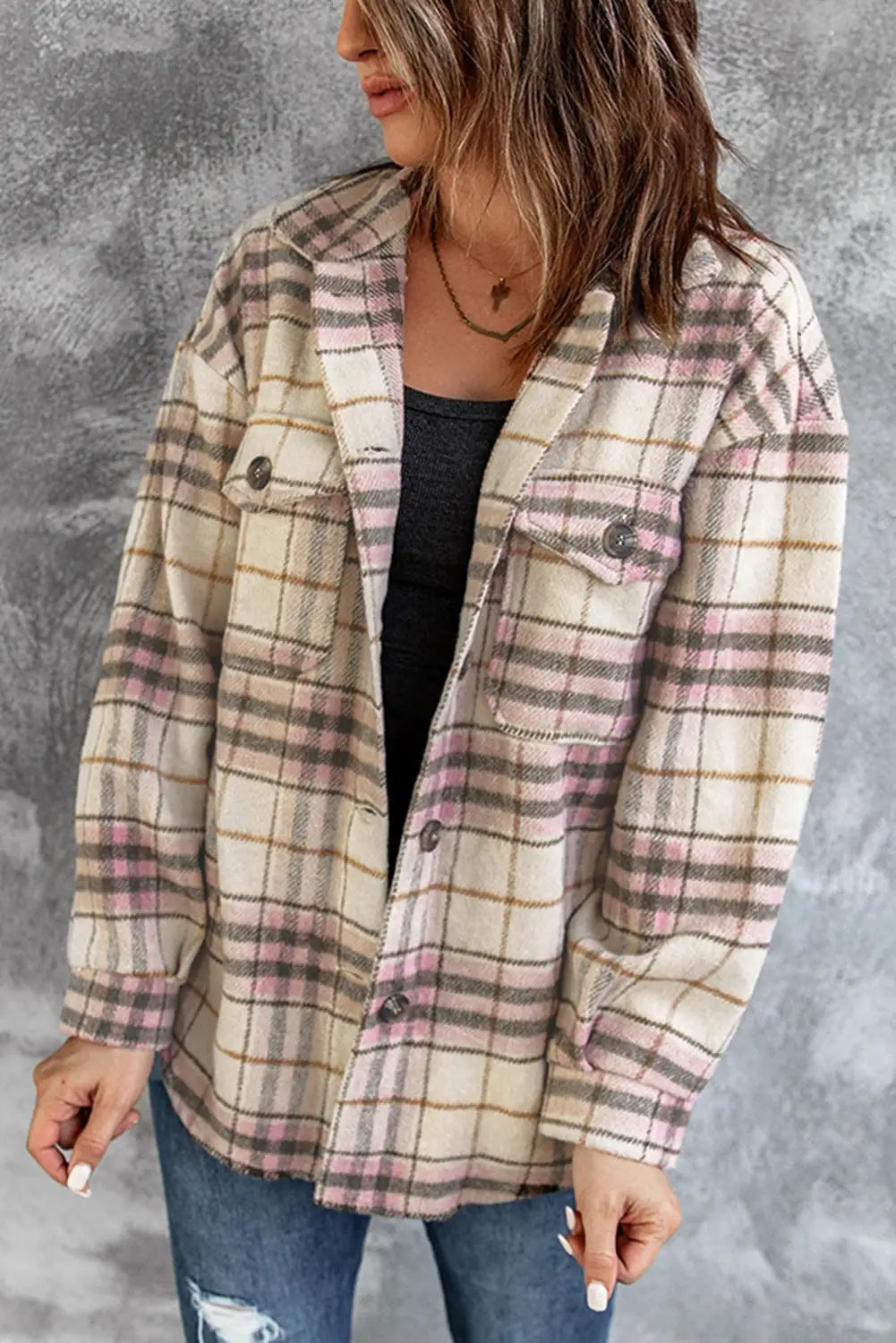 Pocketed button-up long sleeve plaid jacket - apricot / s / 100% polyester - shackets
