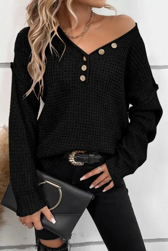 Black pointelle knit button v neck drop shoulder sweater - s / 55% acrylic + 45% cotton - tops