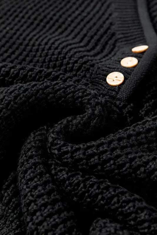 Black pointelle knit button v neck drop shoulder sweater - tops