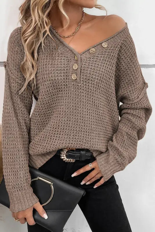 Black pointelle knit button v neck drop shoulder sweater - khaki / s / 55% acrylic + 45% cotton - tops