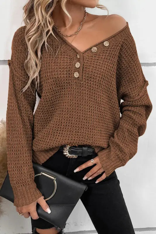 Black pointelle knit button v neck drop shoulder sweater - coffee / s / 55% acrylic + 45% cotton - tops